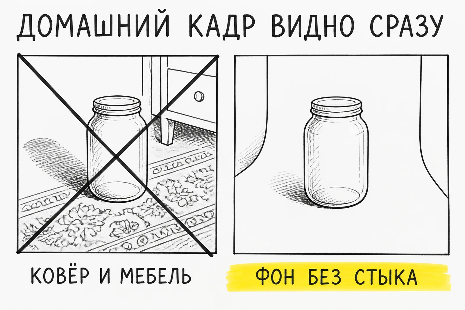 Схема: кадр на фоне ковра и мебели против кадра на ровном фоне без стыка