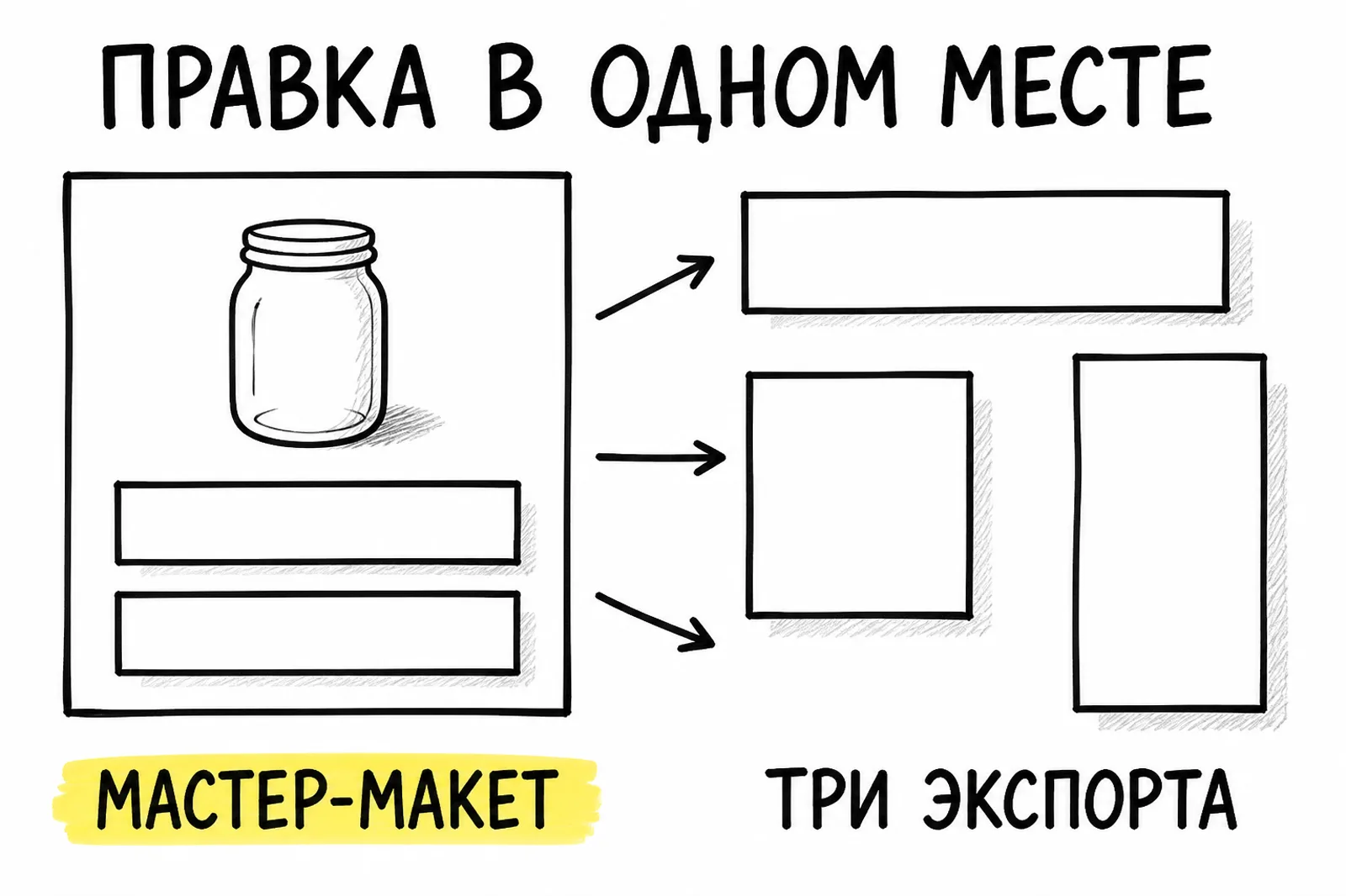 Схема: один исходник в Figma и три экспорта под разные форматы площадок