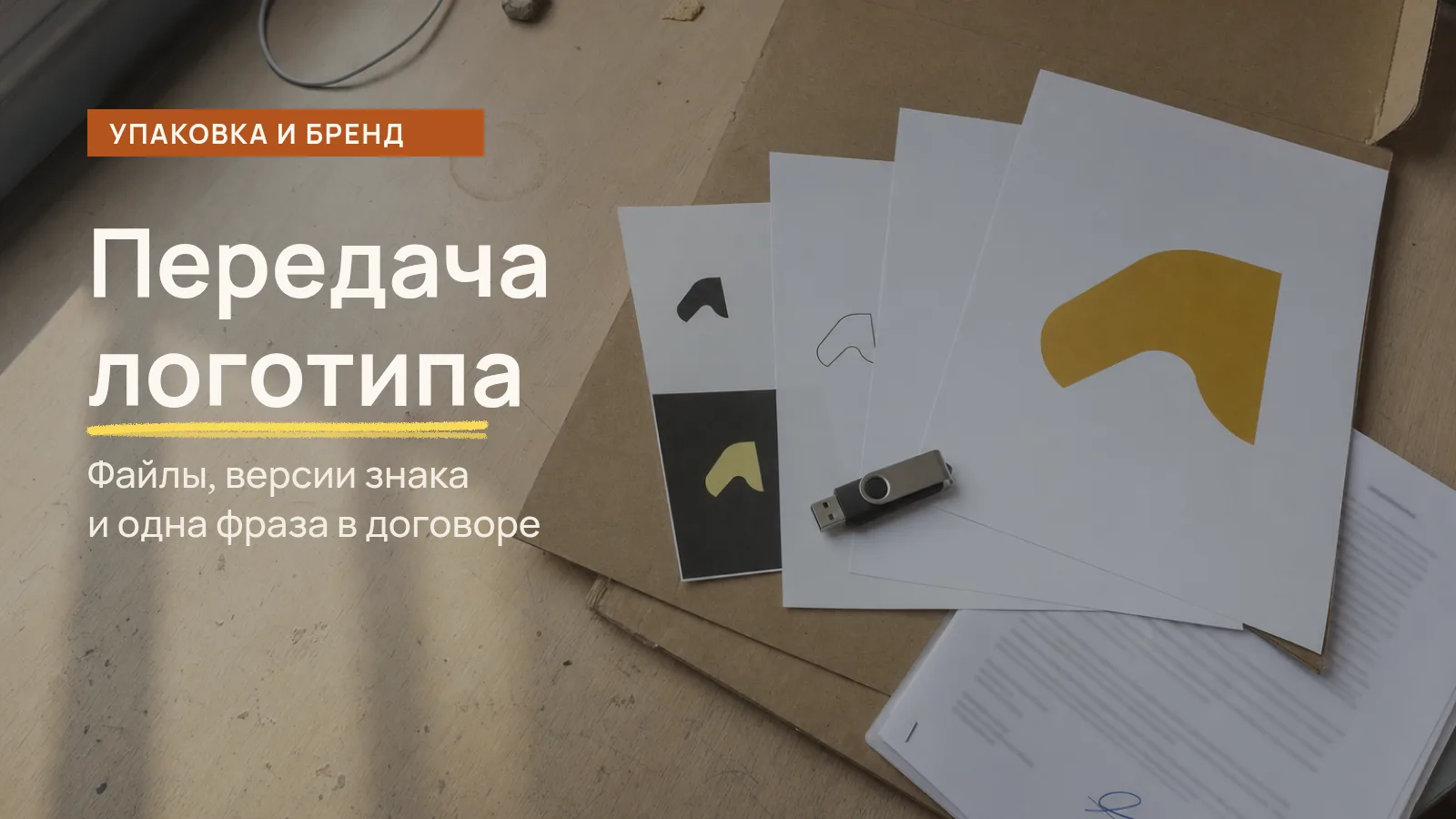 Передача логотипа: открытая папка с четырьмя версиями одного знака, флешка и подписанный договор на столе