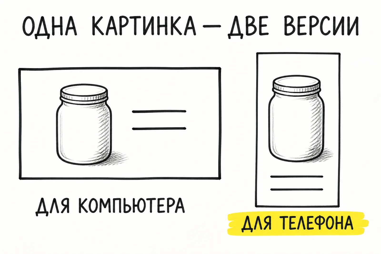 Схема: одна картинка рич-контента готовится в двух версиях, для компьютера и для телефона