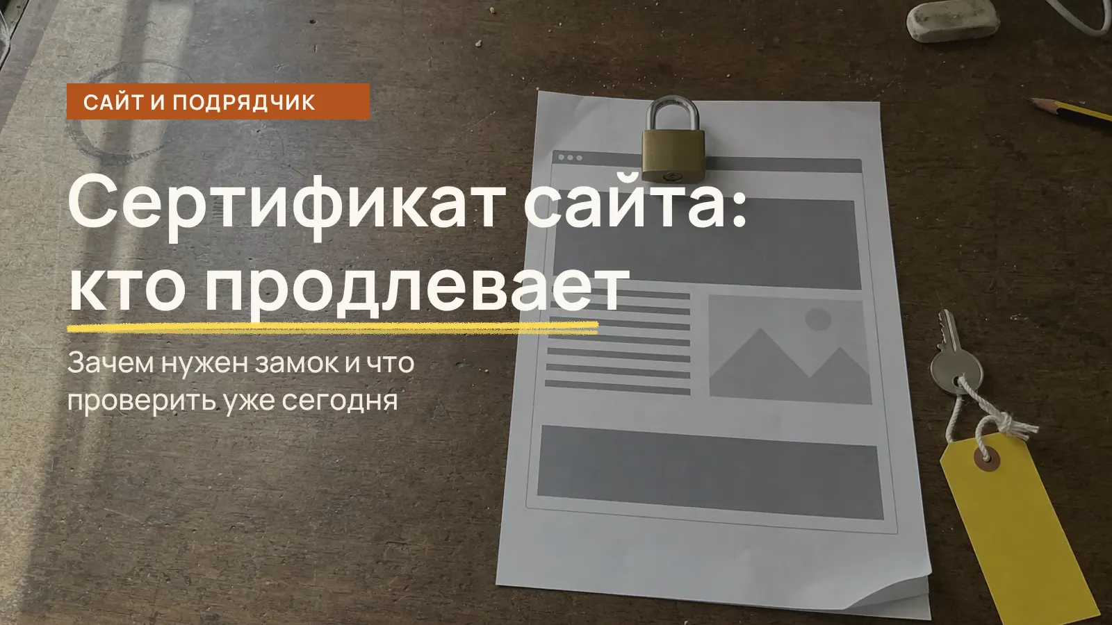 Кто продлевает SSL-сертификат сайта: замок лежит на распечатке страницы, а ключ от него с жёлтой биркой отдельно на краю стола
